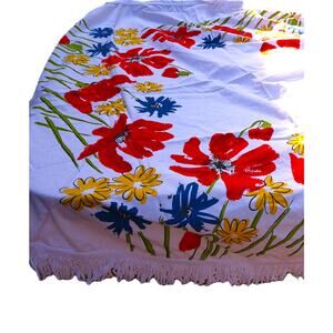 Vintage Vera Neumann Colorful Round Floral Fringe Tablecloth and Napkins Set